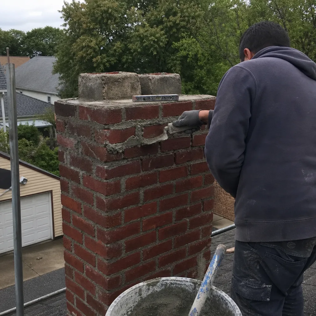 Professional mason performing chimney brickwork and mortar repair on a rooftop