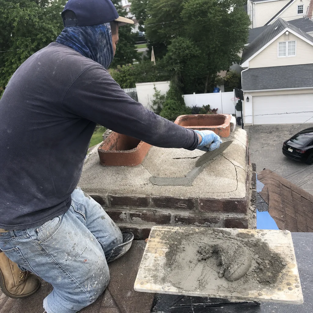 Professional technician performing masonry chimney crown repair on a residential roof