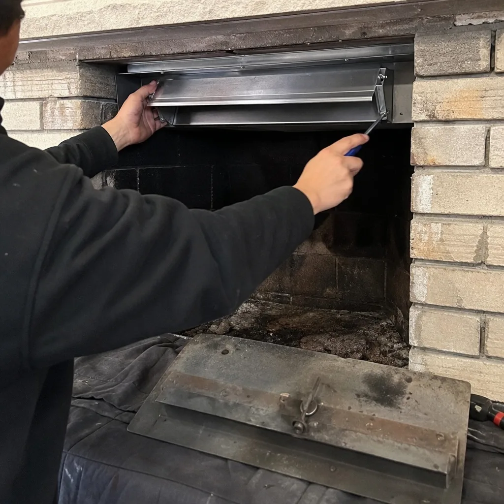 Technician installing new metal fireplace damper for chimney maintenance