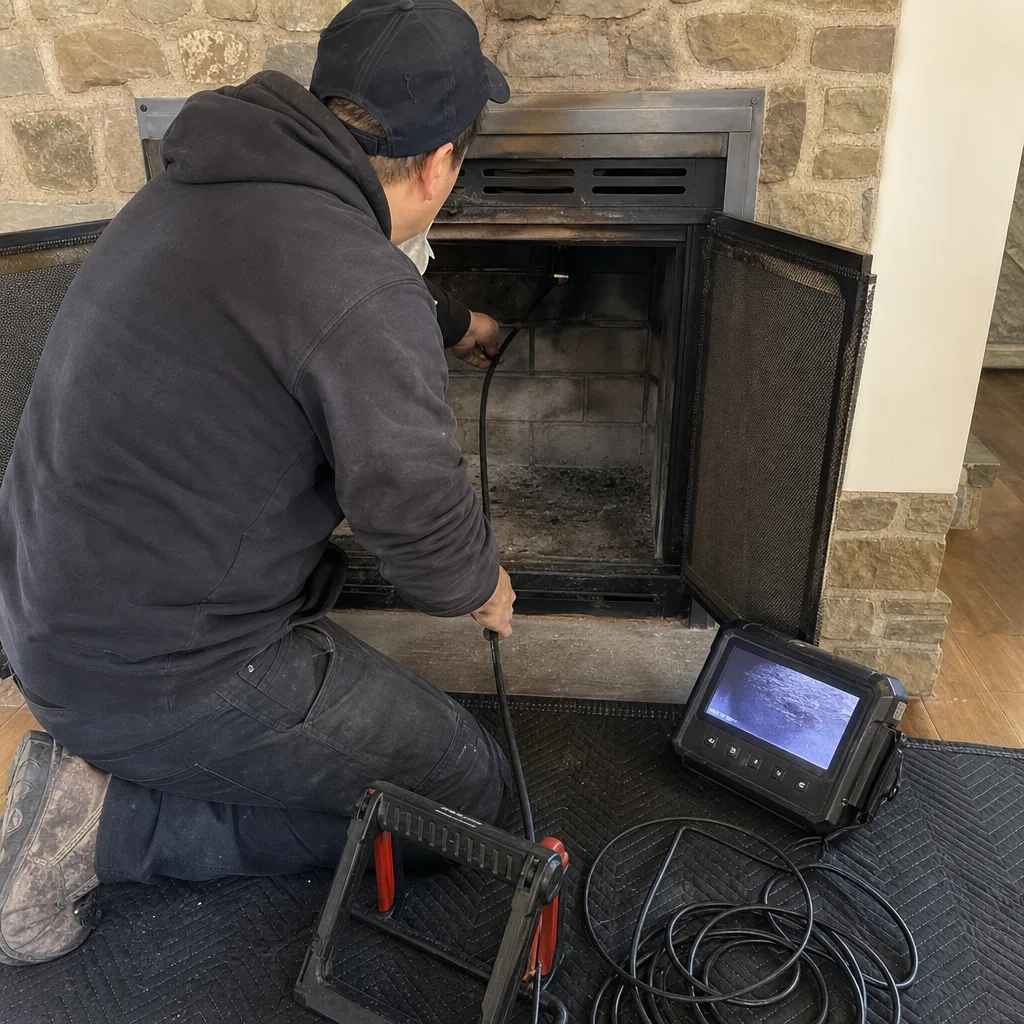 Technician using a video inspection camera inside a residential fireplace.
