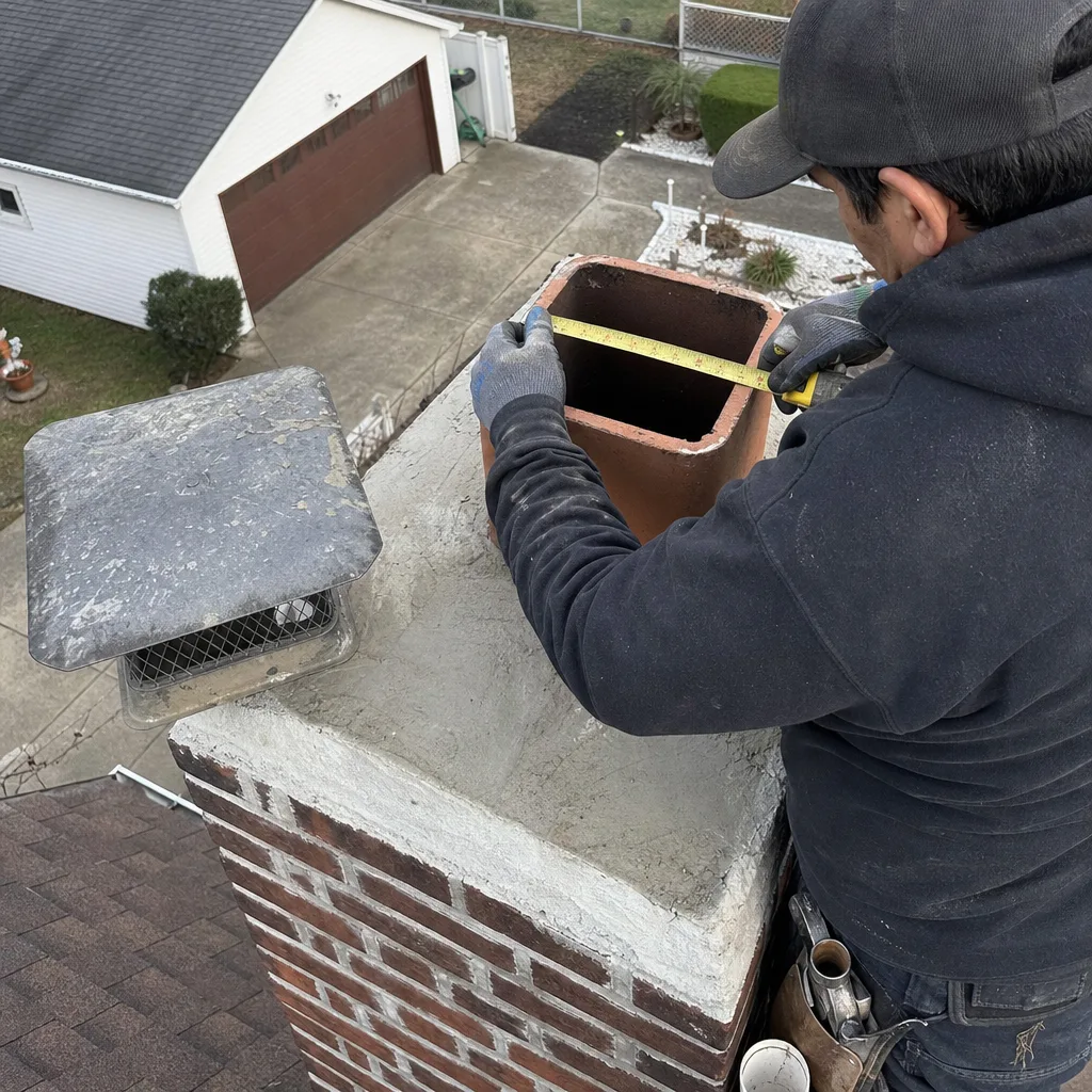 Chimney technician measuring a flue liner for a new chimney cap installation in Jamaica, NY