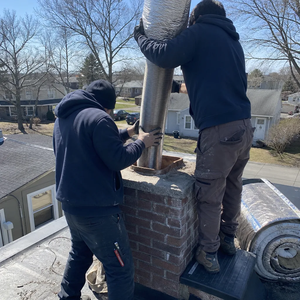 Two contractors installing a new stainless steel chimney liner and chimney rebuild in Jamaica, NY