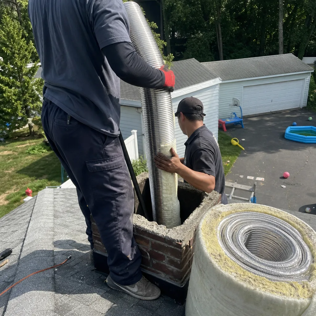 Contractors installing an insulated stainless steel chimney liner on a roof. in Jamaica, NY